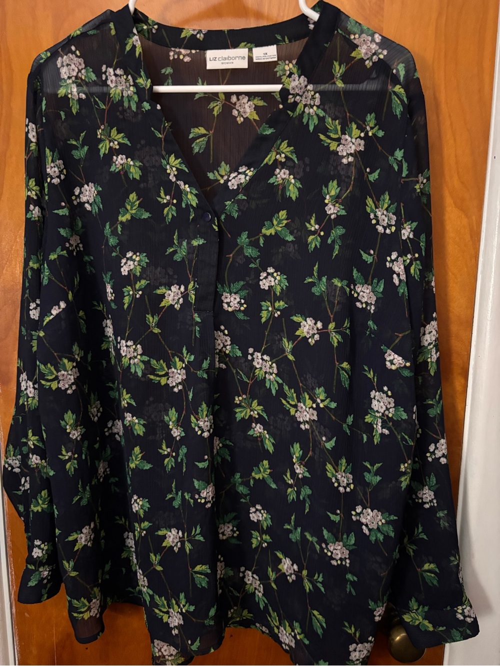 Liz Claiborne Navy Floral Blouse with Green Accents
